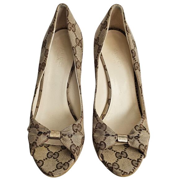 Gucci beige/ebony GG canvas peep-toe Cyprus cork wedge Size 5B - Picture 1 of 15